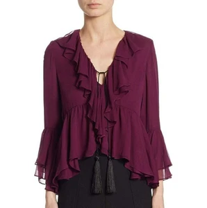 Cinq a Sept Pacifique Silk Ruffle Blouse Size XS Purple Bell Sleeves Tassels NWT - Picture 1 of 11