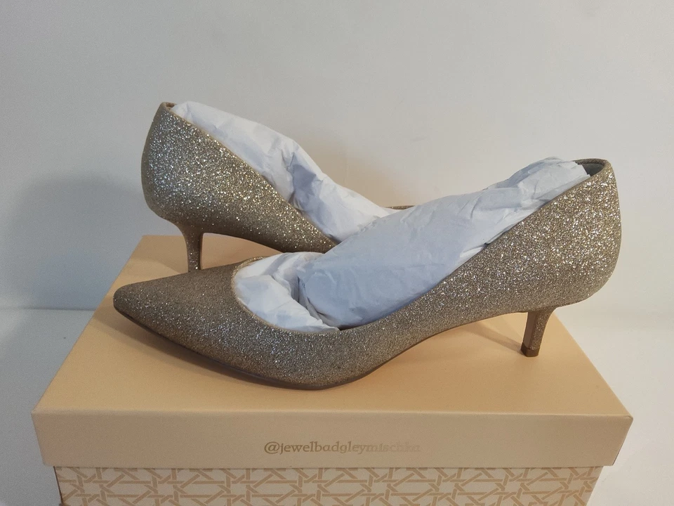 Jewelry Badgley Mischka Royalty Women's Gold Glitter Kitten Heel Slip on PUMPS