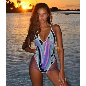 Bain De Minuit One Piece Swimsuit Purple Geometric High Leg Strappy S - Picture 1 of 6
