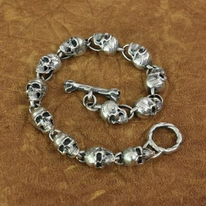 925 Sterling Silver Details Skulls Chain Bracelet Mens Biker Jewellery TA169B - Picture 1 of 21