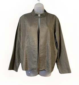 Eileen Fisher Olive Green Tussah 100% Silk Quilted Jacket Women's Size Large - Picture 1 of 8