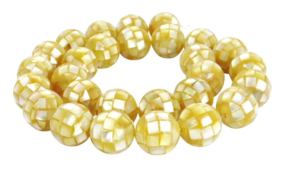😏 Muschel Mosaik-Kugeln 14 mm gold-gelbe Perlmutt Perlen für Kette & mehr  😉 - Bild 1 von 1