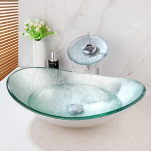 Oval Bathroom Vessel Sink Silver Tempered Glass Basin Mixer Drain Waterfall Tap - Picture 1 of 6
