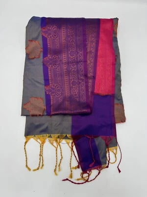 Material artesanal de sari púrpura oro amarillo estampado tela india 46" W X 7 años seda Foto 1 de 4