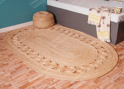 Indian Hand Braided Beige Oval Scalloped Jute Rug Boho Vintage Large Area Rug - Image 1 of 4
