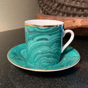 Neiman Marcus Green Malachite 2 3/8" Flat Demitasse Cup & Saucer Japan  Pristine - Picture 1 of 10