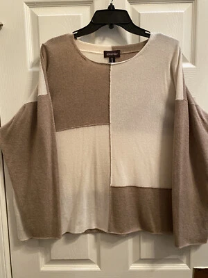 Eskandar O/S Tan/White Colorblock 100% Cashmere Sweater - Image 1 of 4