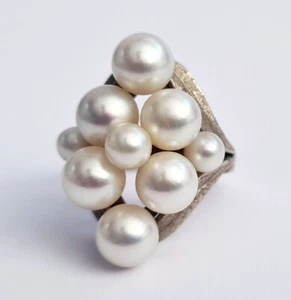Vintage 14k White Gold Leaf Design Ring Sz.5 w. 9x Pearl Cluster Motif (WMH)8b - Picture 1 of 7