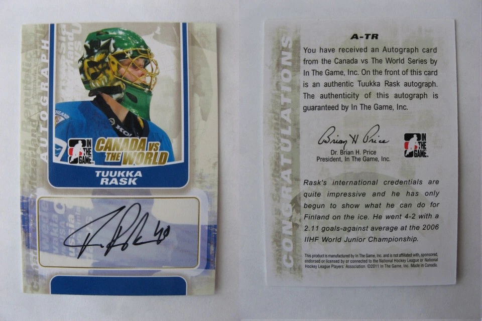 2011-12 In the Game Canada VS the World Autographs A-TR Tuukka Rask Auto SP - Image 1 of 1