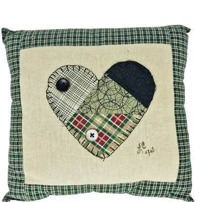 Primitive Heart Pillow Signed Quilted Buttons Green Farmhouse Country 9" - Image 1 of 4