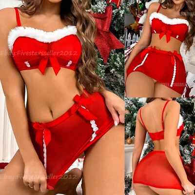 Lencería sexy para mujer Babydoll de seda sujetador falda conjunto Navidad ropa para dormir ropa de dormir Foto 1 de 4