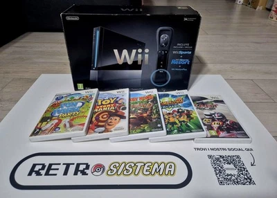 Nintendo Wii Console Nera in scatola + controller Motion Plus e 6 Giochi - Immagine 1 di 3