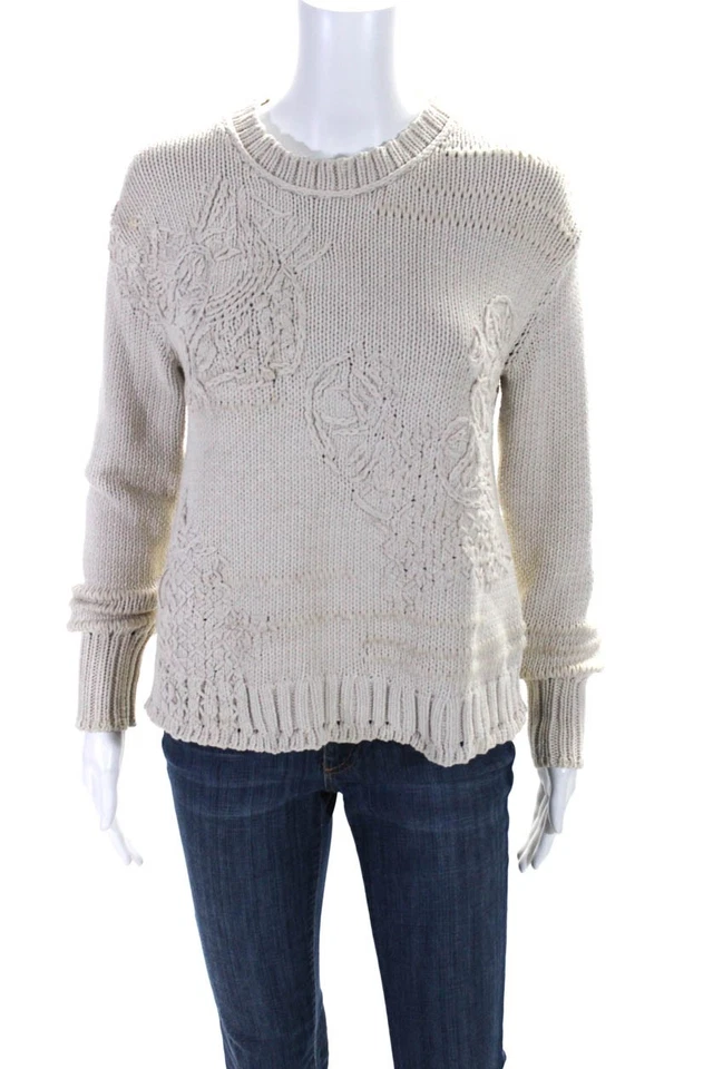 Suéter tejido ganchillo cuello redondo Inhabit para mujer beige algodón talla pequeña Foto 1 de 4