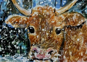 ORIGINAL ACEO Painting Brown COW Snow Winter Farm Calf Tree Nature Animal ART - Picture 1 of 1