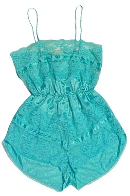 Vintage Texsheen Romper Women’s Small Ages Blue Floral Lace Teddy  One Piece USA - Image 1 of 4