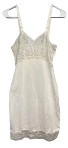 Vintage VTG Ivory Lace Scallop Slip Dress Nightgown 30 Small Adjust Straps Slit - Picture 1 of 8