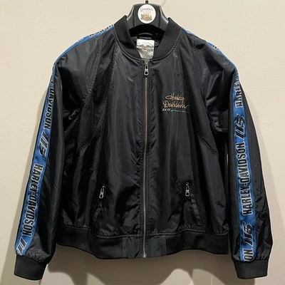 Harley-Davidson 115 周年夹克女式 2XL 黑色蓝色轰炸机尼龙摩托车 — 第 1/4 张图片