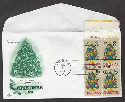 #1508  8c Christmas 1973 -Meedlepoint Christmas Tree-  ArtCraft FDCPB4 #34329/30 - Image 1 of 2