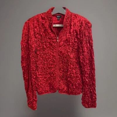 MSK Women’s Red Satin Sequin Quilt Crinkle Zipper  Jacket Sz L Valentines - Image 1 of 4