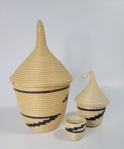 handmade set of 3 nesting Baskets with black design Cover