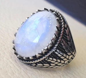 Solid 925 Sterling Silver Natural Blue Rainbow Moonstone Gemstone Men's Ring - Picture 1 of 11