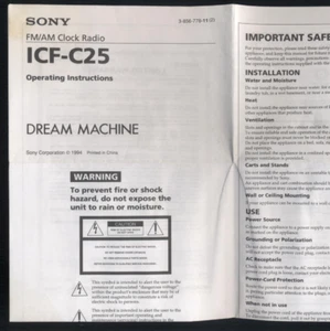 Sony ICF-C25 1994 FM/AM reloj radio Dream Machine instrucciones de funcionamiento como nuevo - Imagen 1 de 1