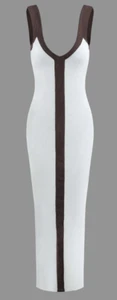 V-neck Ribbed Split Maxi Dress - White/Brown (Message for size) - Picture 1 of 3