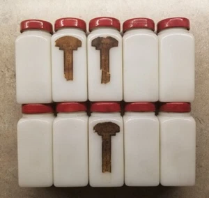 10 Vintage Original Art Deco GRIFFITH White Milk Glass Spice Jars Red Lids - Picture 1 of 9