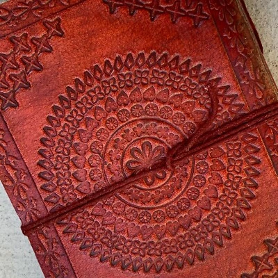Leather Notebook Red Chakra Mandala Book 7x5 blank Journal Cotton Paper Diary  - Image 1 of 4