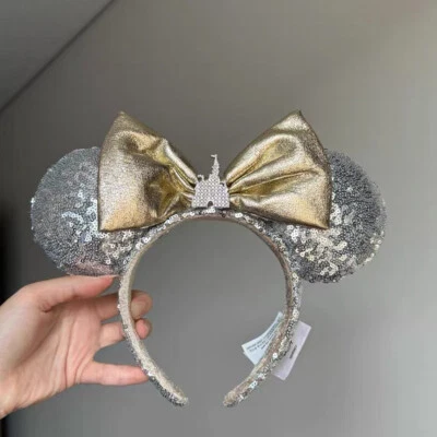 Diadema con arco de orejas de Minnie plateada joya castillo parques Disney lentejuelas París Foto 1 de 4