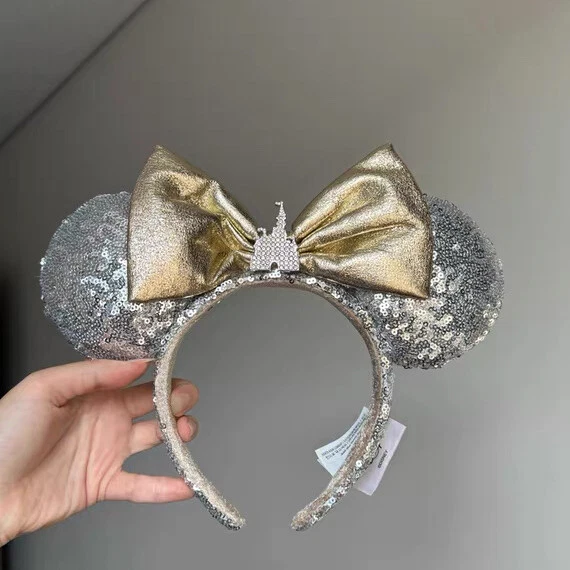 Diadema con arco de orejas de Minnie plateada joya castillo parques Disney lentejuelas París Foto 1 de 4