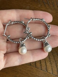 Judith Ripka 925 Silver Pearl CZ Charm Hoop Earrings - Picture 1 of 9