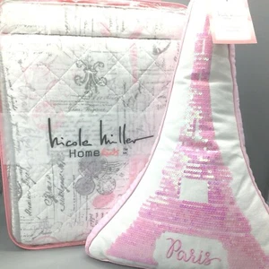 Juego de edredón Nicole Miller Paris FULL QUEEN 4 piezas Torre Eiffel lentejuelas almohada rosa NUEVO - Imagen 1 de 10