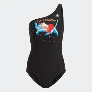 Adidas Women Black Swimsuit One Piece Beach Pool Swimwear ASYMMETRICAL Straps L - Picture 1 of 10