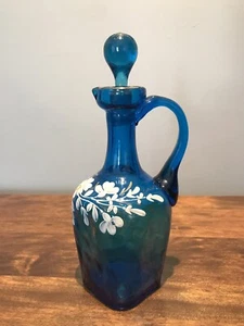 Victorian Blue Inverted Thumbprint Enameled Glass Cruet: Rough Pontil - Picture 1 of 12
