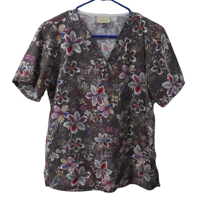 Tafford Black V-Neck Medical Scrub Top Women Sz XS Big Pockets  Floral Pattern - Image 1 of 4