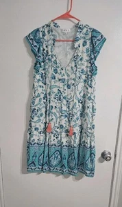THML Tiered Dress Women Small Paisley Floral Teal White Cottage Boho Tassel - Picture 1 of 10