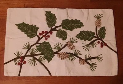 POTTERY BARN CHRISTMAS HOLLY BERRY PINECONE EMBROIDERED PILLOW COVER 16x26" - Image 1 of 4