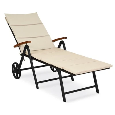 Folding Patio Rattan Wicker Lounge Chaise Chair Cushioned Aluminum Adjust Wheel - Image 1 of 4