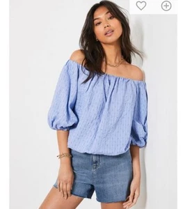 Mint Velvet Puff Sleeve Blue Stripe Off Shoulder Volume Blouse Top Medium UK 12 - Picture 1 of 9