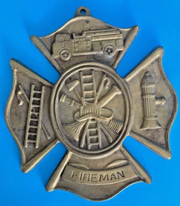 Feuerwehrmann Malteser Kreuz Plakette Handarbeit massiv Messing Feuerwehr Wanddeko SCHWER - Bild 1 von 10