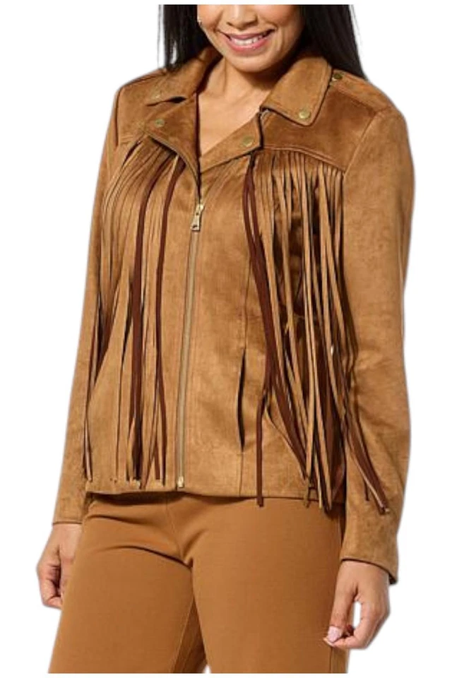 Chaqueta de moto Colleen Lopez para mujer de gamuza sintética con flecos bronce Foto 1 de 1