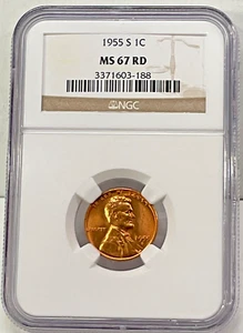 1955-S LINCOLN CENT NGC MS 67 RD RED WHEAT PENNY - Picture 1 of 2