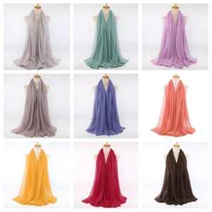 Women Plain Linen Cotton Scarf Twill Pleated Shawl Long Wide Soft Wrap Scarves - Picture 1 of 30