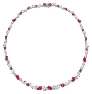 Party Wear Tennis Necklace 28 Ct Pear Simulated Red Ruby 14k White Gold Plated - Picture 1 of 5
