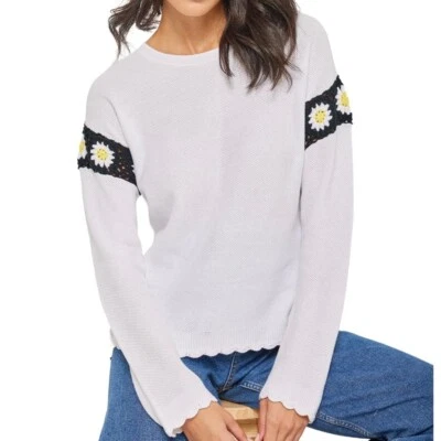 Suéter Lisa Todd Upsy-Daisy Blanco con Crochet Manga Margarita Cuello Redondo Pullover, M Foto 1 de 4