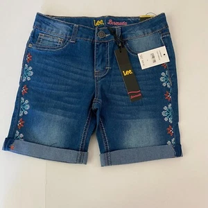 Lee Girl Bermuda Shorts Size 10 Blue Embroidered Super Stretch Adjustable Waist  - Picture 1 of 6