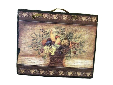 SLATE WALL HANGING-LEATHER STRAP-FRUIT BASKET-10" X 12"-EARTH TONES-FRENCH Cover