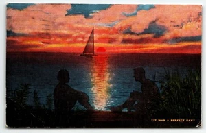 "It was a perfect day" sunset on lake South Haven Linen Michigan Postcard 1948 - Picture 1 of 2