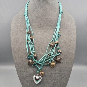 Lagenlook Charms Halskette Aqua Kordel Puffy Herzen Sterne Blau Strass Upcycling - Bild 1 von 15